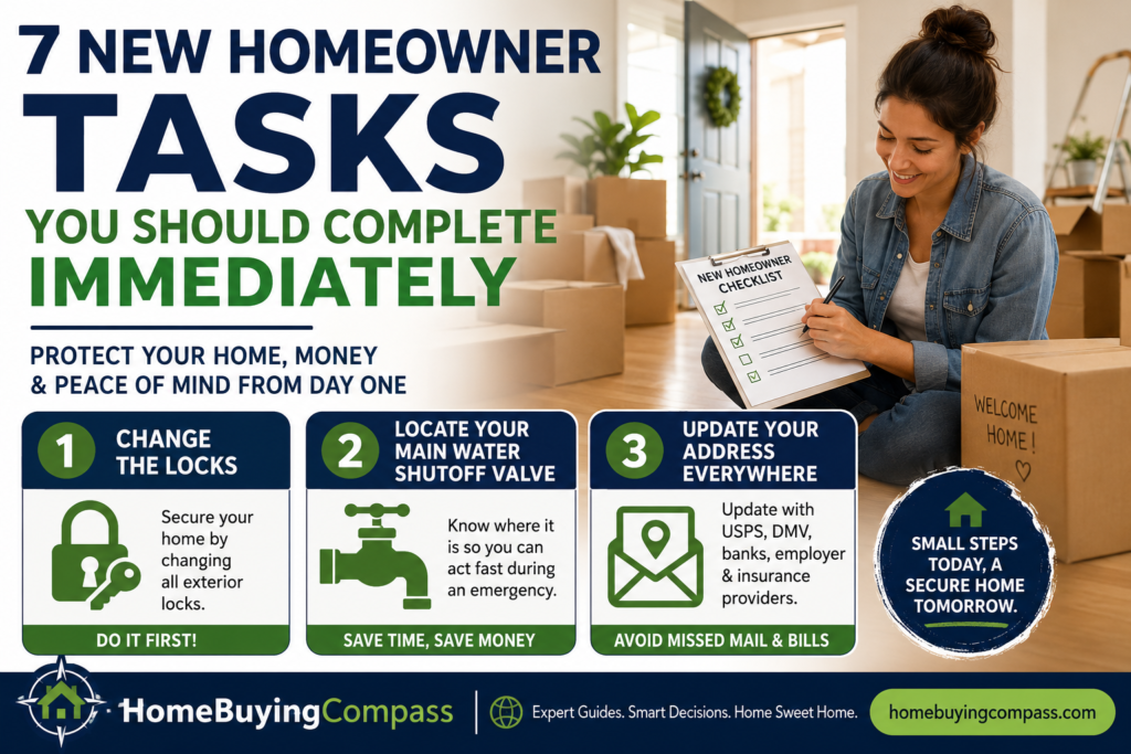 New homeowner reviewing a moving-in checklist while unpacking boxes in their first home