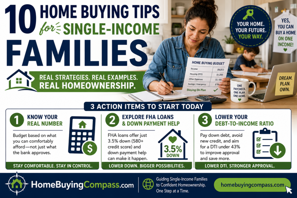 Single parent reviewing mortgage paperwork and home buying budget at kitchen table