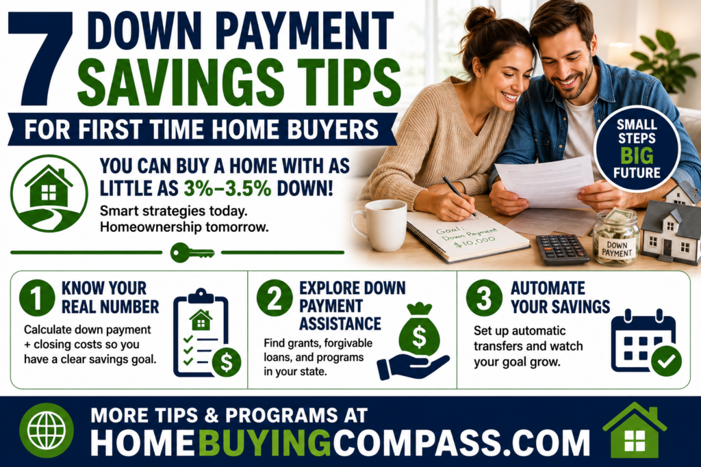 First time home buyer reviewing down payment savings plan and mortgage options at home