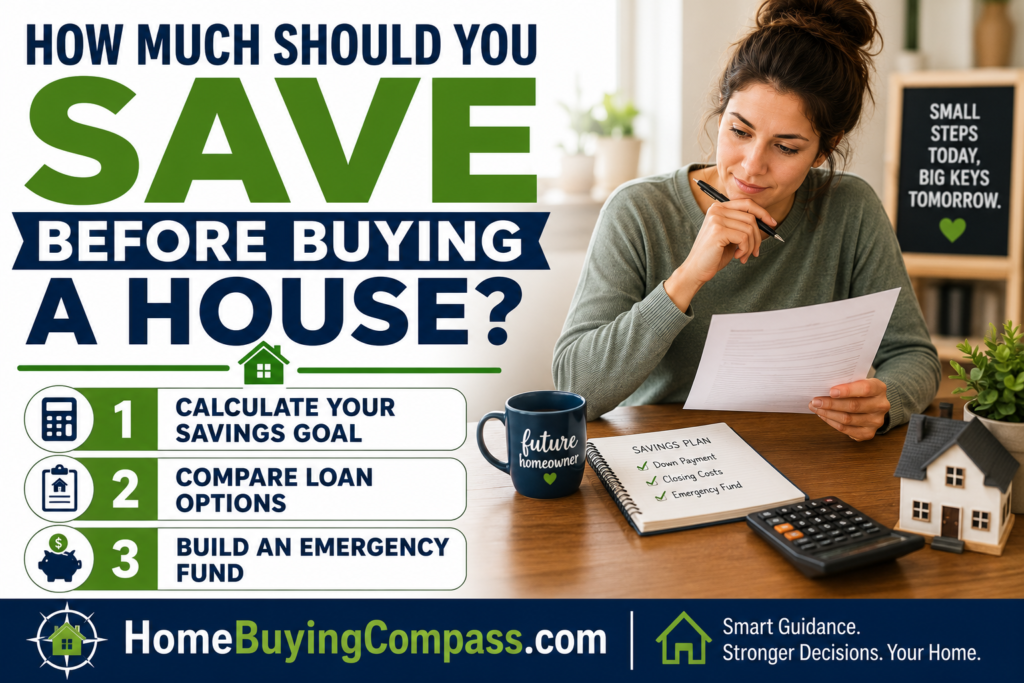 First time home buyer reviewing a savings plan and calculator before buying a house