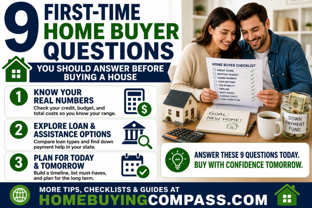 First-time home buyer reviewing a checklist of questions before buying a house