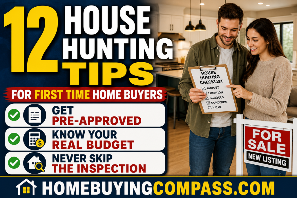 Young couple reviewing a house hunting checklist while touring their first home