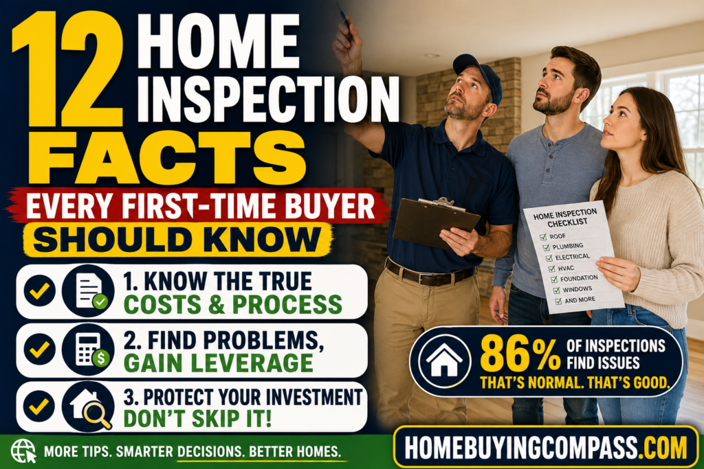 First-time home buyer reviewing a home inspection checklist with an inspector inside a house