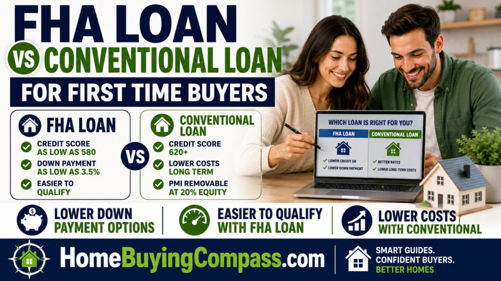 First time home buyer comparing FHA loan and conventional loan options on a laptop at home