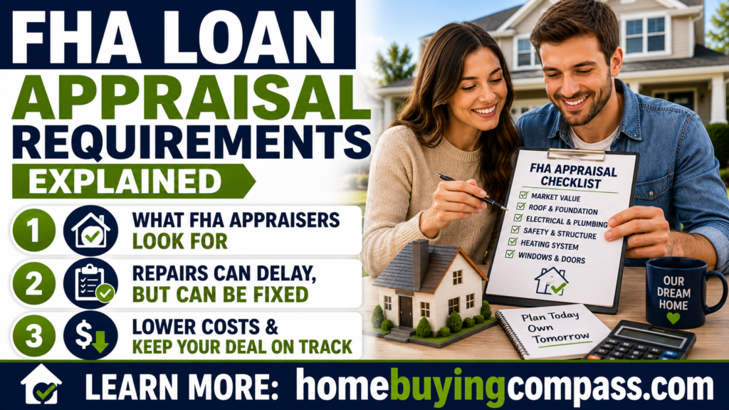 First time home buyer reviewing FHA loan appraisal checklist with a real estate agent