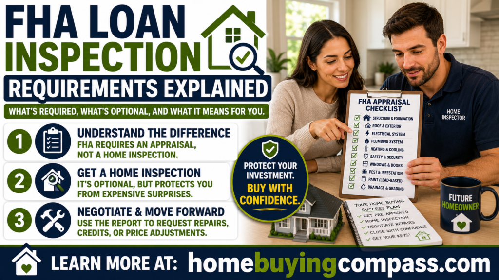 First time home buyer reviewing FHA loan inspection checklist with real estate agent inside new home