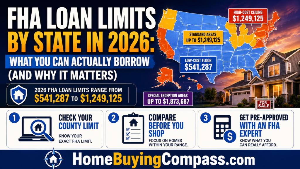 Map of the United States showing 2026 FHA loan limits by state and county, from the $541,287 floor to the $1,249,125 ceiling