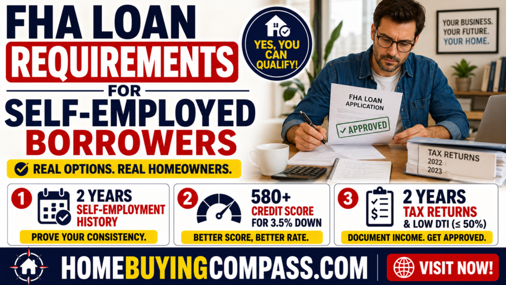 Self-employed first-time home buyer reviewing FHA loan documents and tax returns at a desk