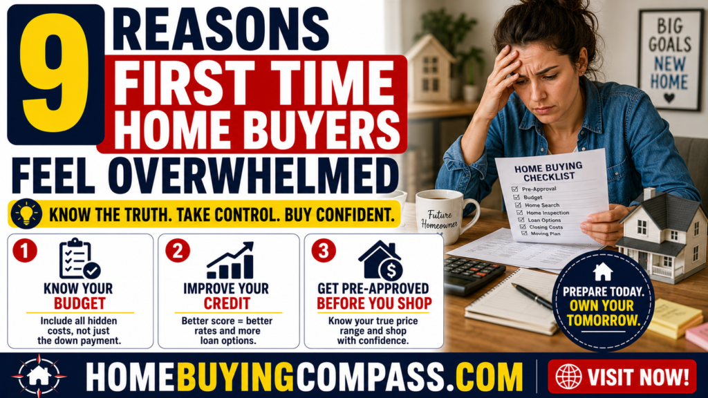 First time home buyer looking overwhelmed while reviewing mortgage paperwork and a home buying checklist