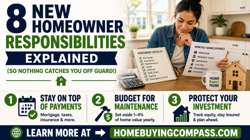 First time homeowner reviewing mortgage, insurance, and maintenance budget at kitchen table