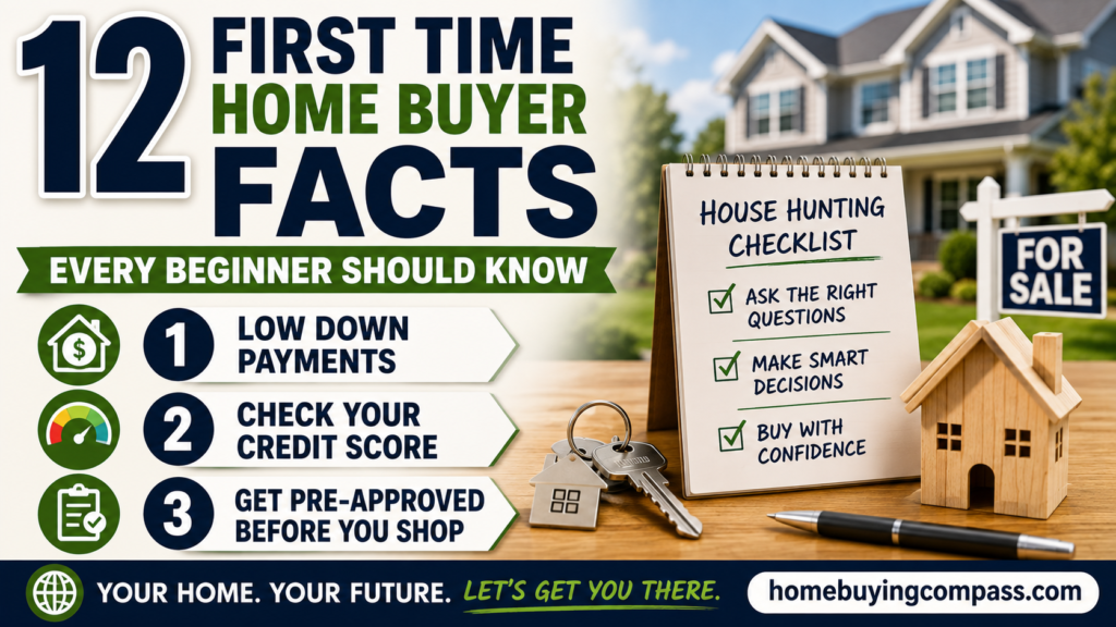 Young couple reviewing a house hunting checklist while touring their first home