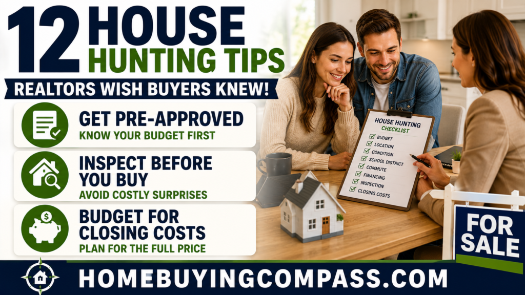 First time home buyer reviewing house hunting tips checklist with a realtor