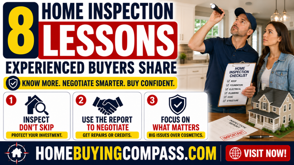 First time home buyer reviewing a home inspection checklist with an inspector inside a house