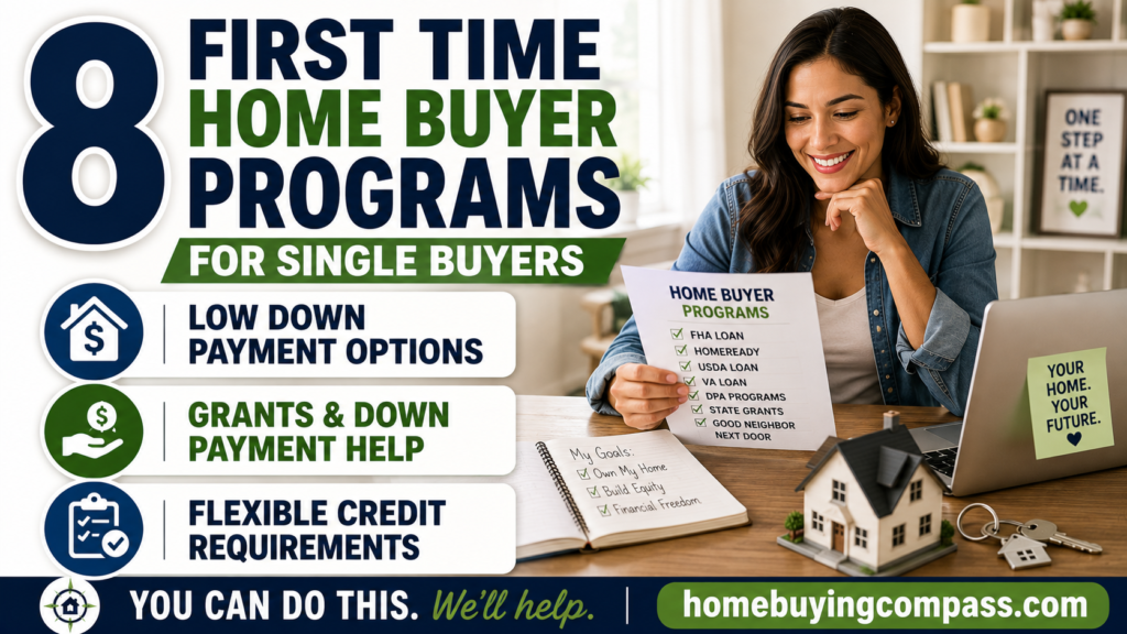 Single first time home buyer reviewing mortgage program options at home