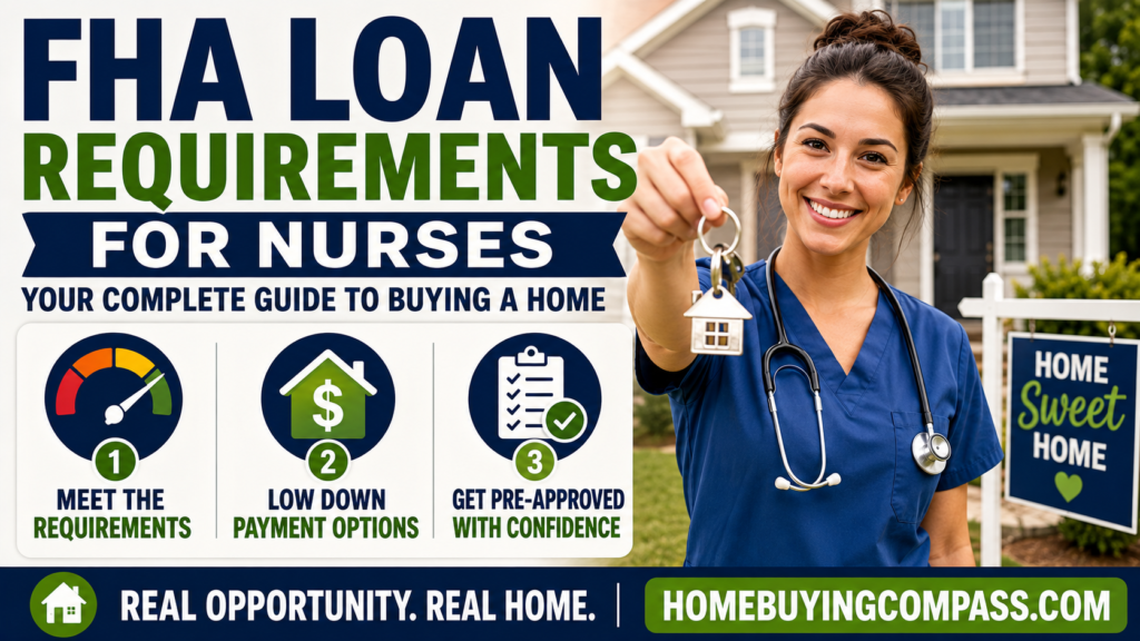 Nurse in scrubs holding house keys in front of her new home after qualifying for an FHA loan