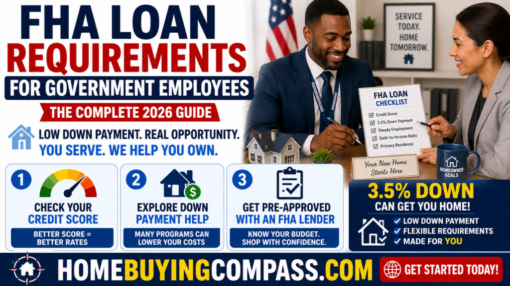 Government employee reviewing FHA loan paperwork with a lender while preparing to buy their first home