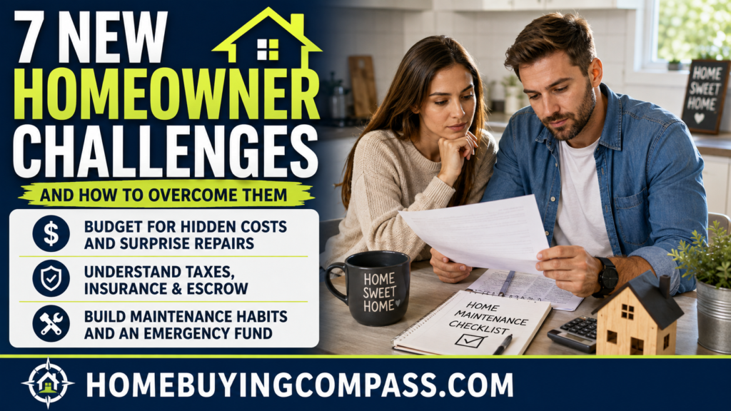 First time homeowner reviewing bills and home maintenance checklist at kitchen table
