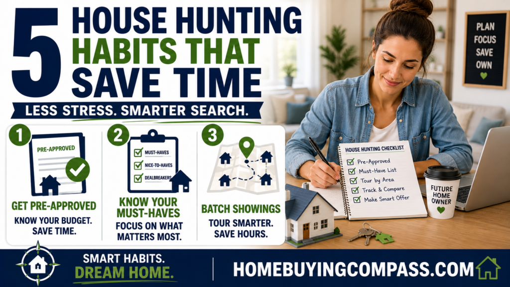 First time home buyer reviewing a house hunting checklist before touring homes