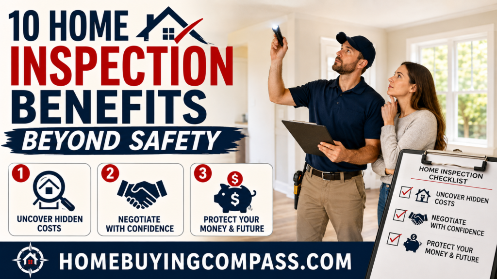 First time home buyer reviewing a home inspection checklist with an inspector inside a new house