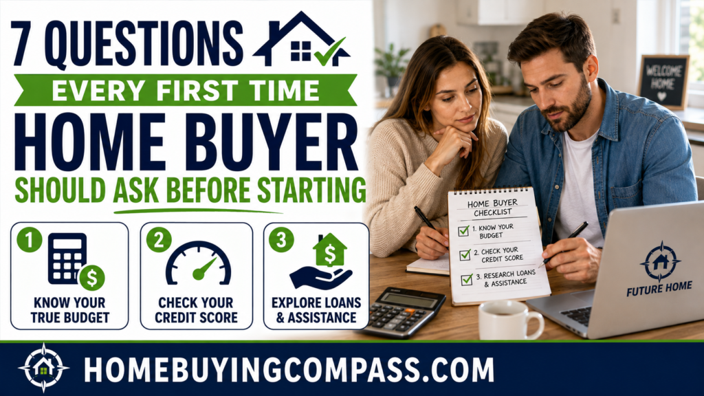 First time home buyer reviewing a home buying checklist with a laptop and calculator at a kitchen table