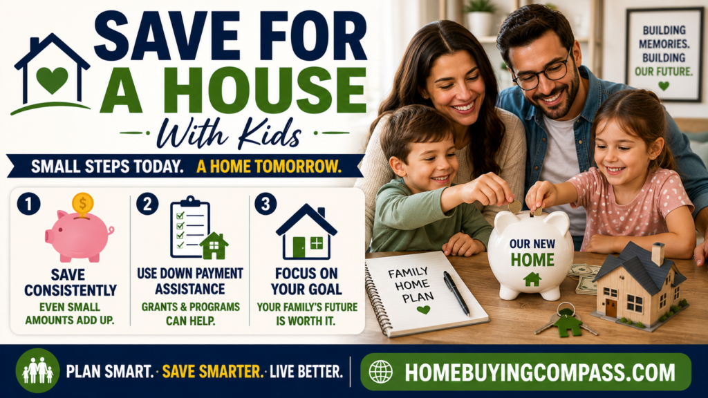 Parents and two young children putting coins into a piggy bank labeled "our new home," representing saving for a first house with kids