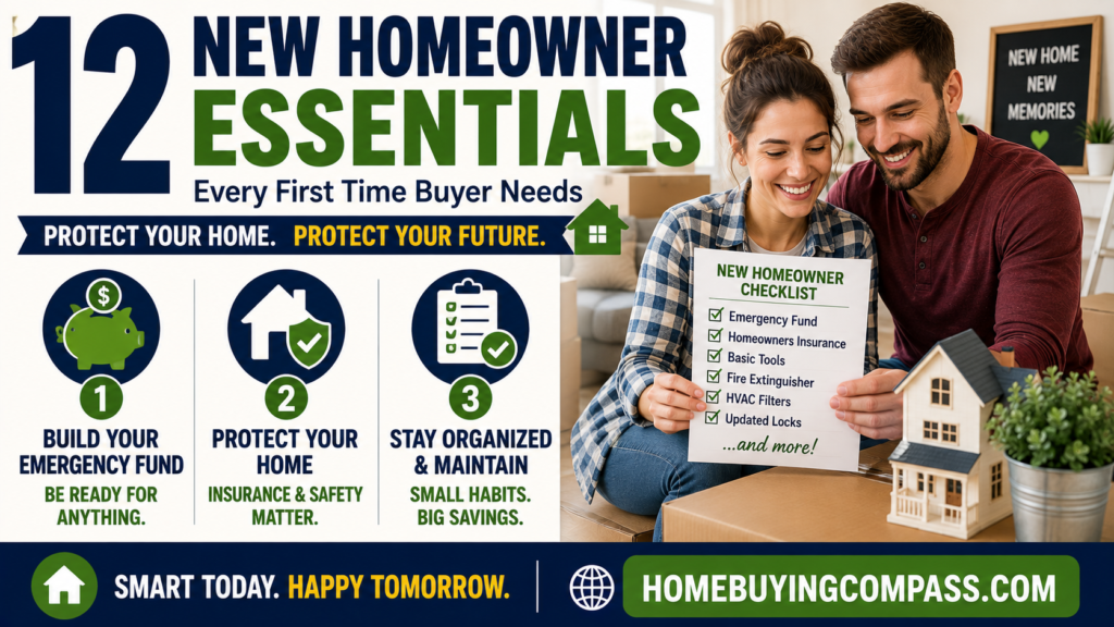 First time home buyer reviewing a new homeowner essentials checklist in their new living room